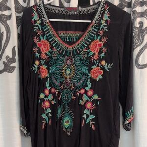 Johnny Was Navy Blue Tunic Top with Colorful Embroidery